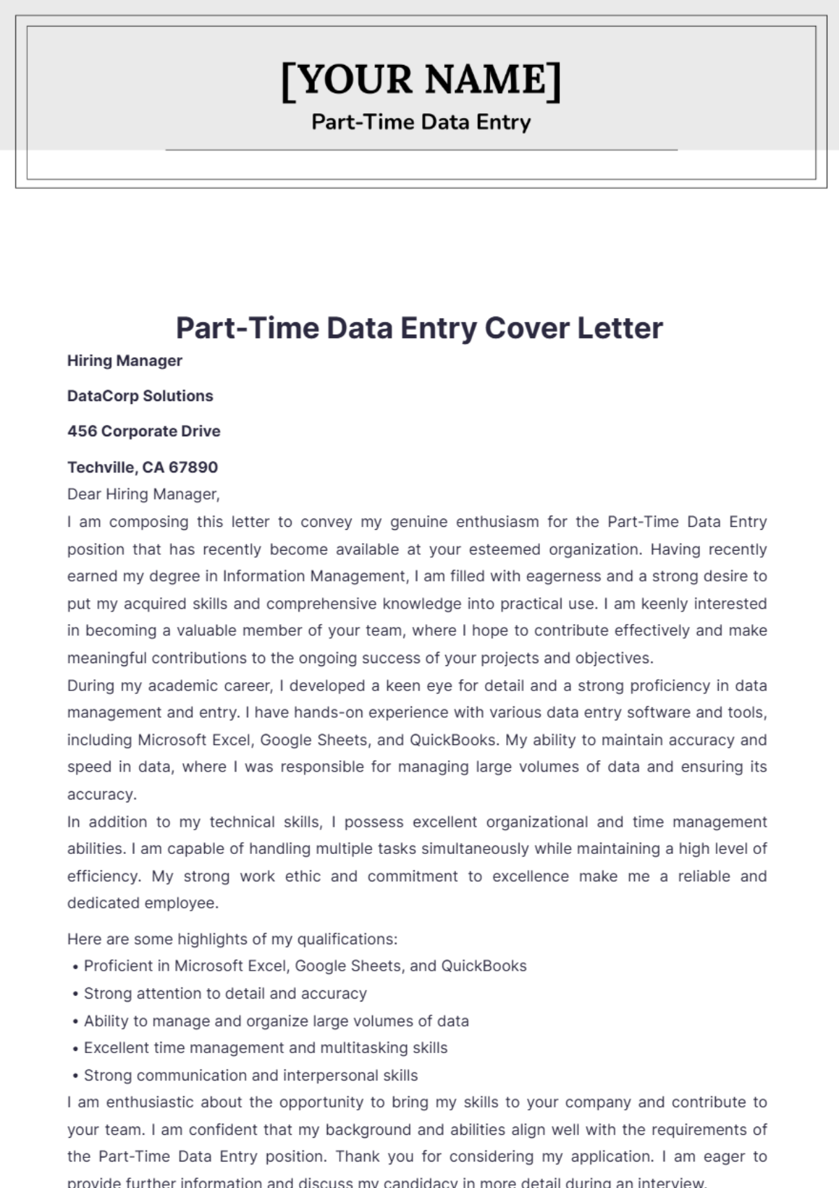 Part-Time Data Entry Cover Letter