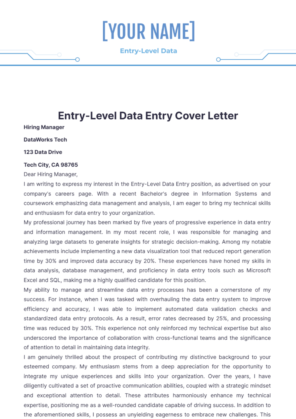 Entry-Level Data Entry Cover Letter