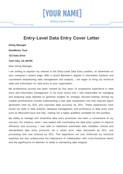 Free Entry-Level Data Entry Cover Letter to Edit Online