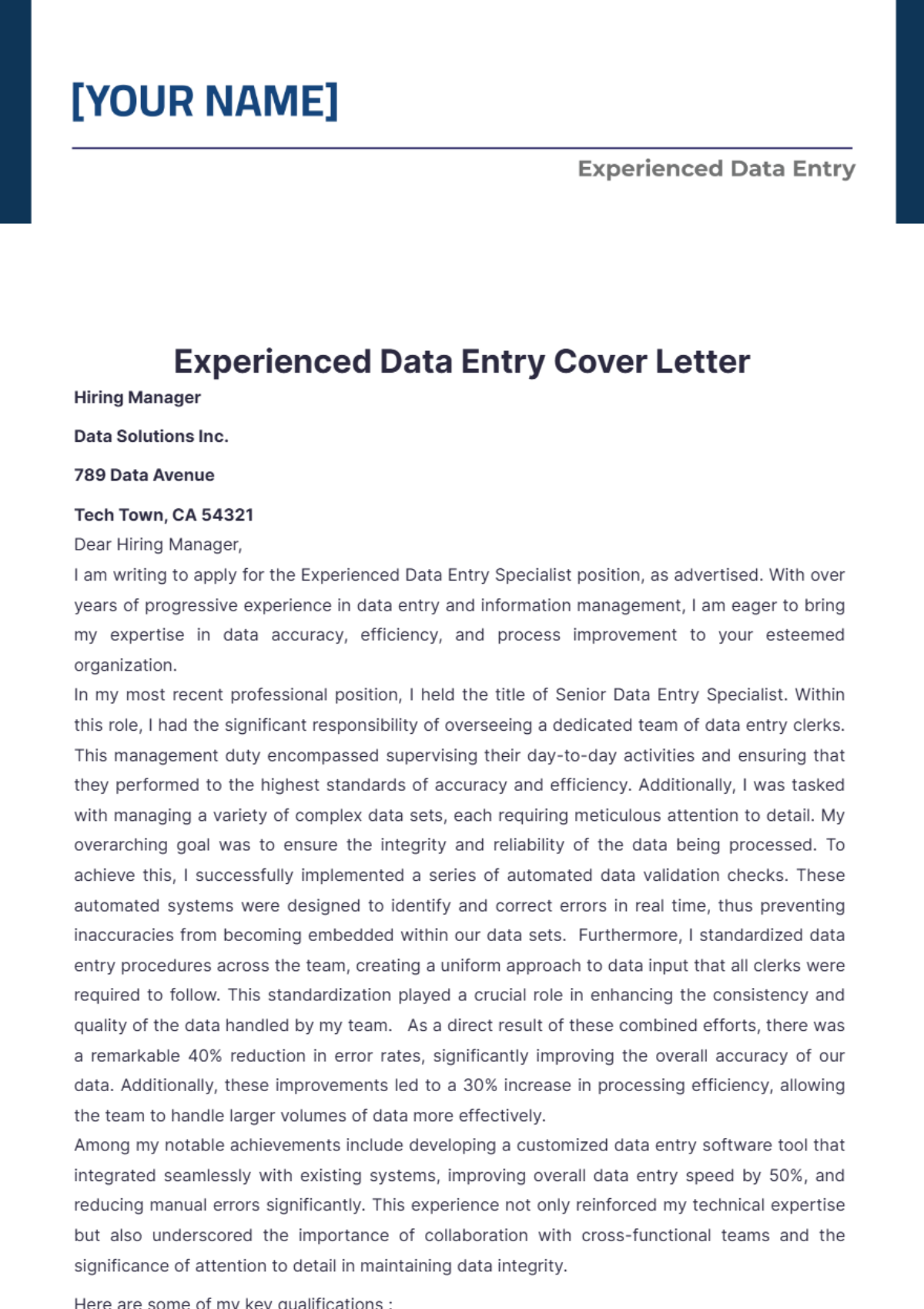 Experienced Data Entry Cover Letter - Edit Online & Download