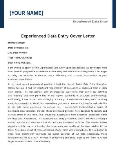 Free Experienced Data Entry Cover Letter to Edit Online