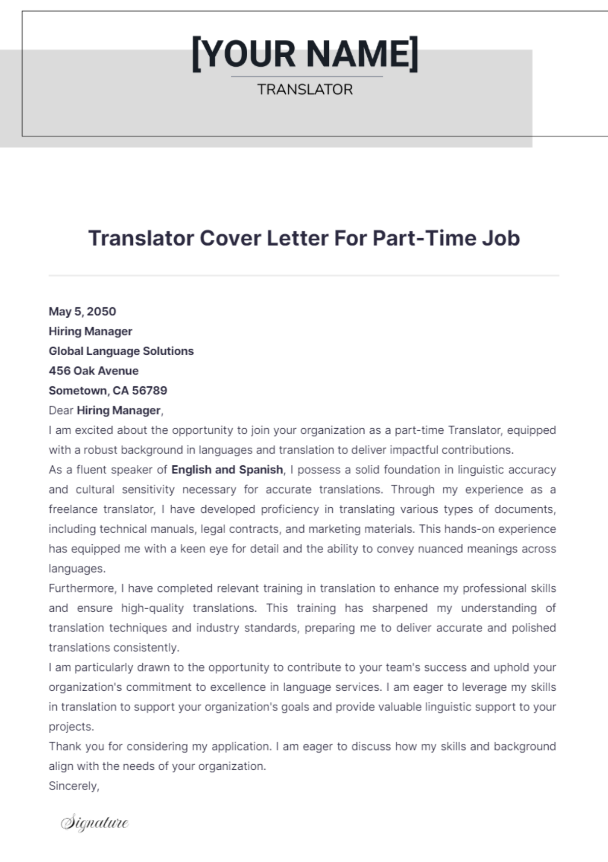 Translator Cover Letter For Part Time Job - Edit Online & Download