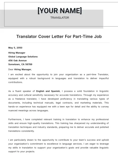Free Translator Cover Letter For Part Time Job to Edit Online