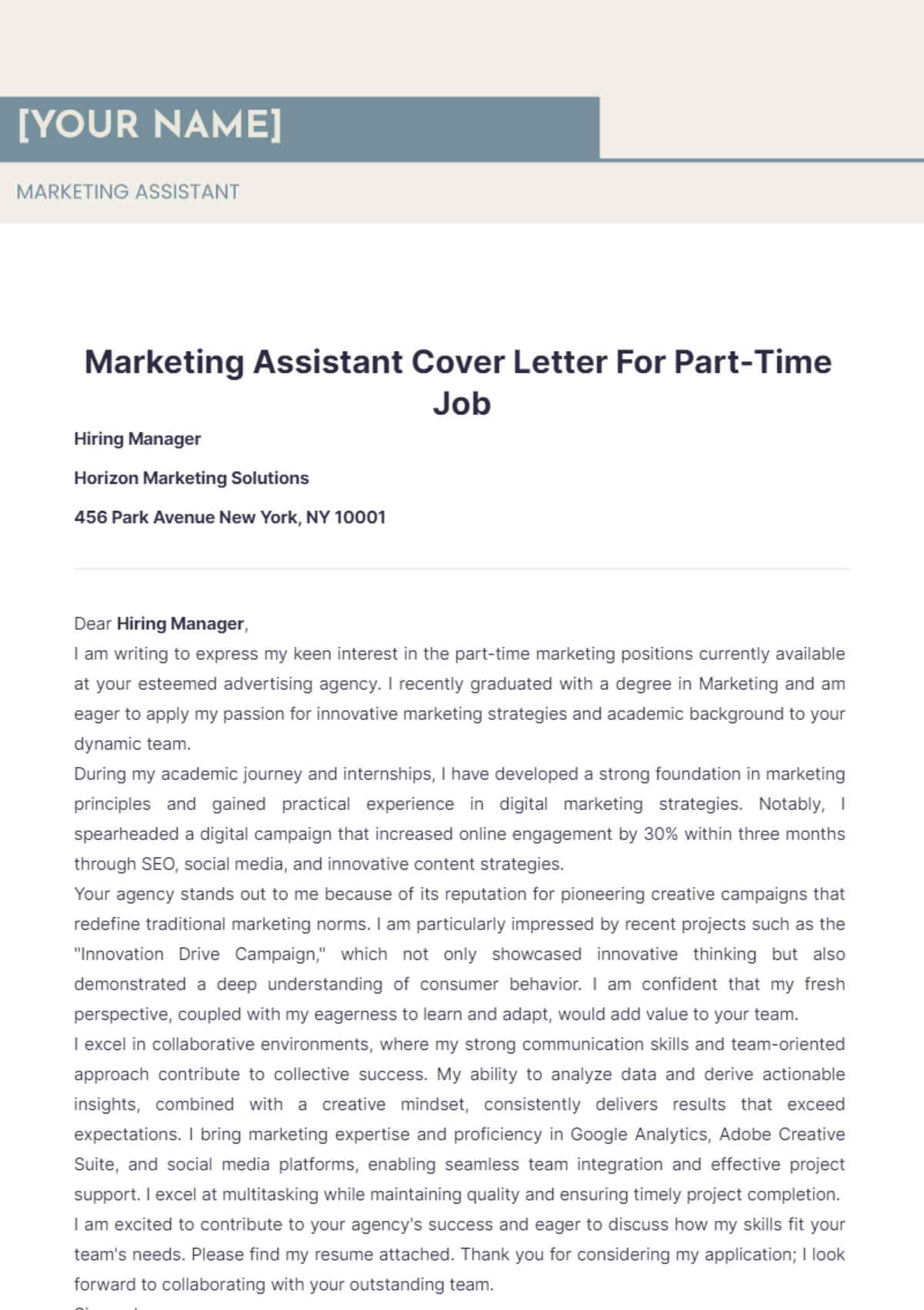 Marketing Assistant Cover Letter For Part-Time Job - Edit Online & Download