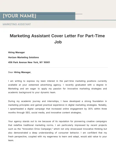 Free Marketing Assistant Cover Letter For Part-Time Job to Edit Online