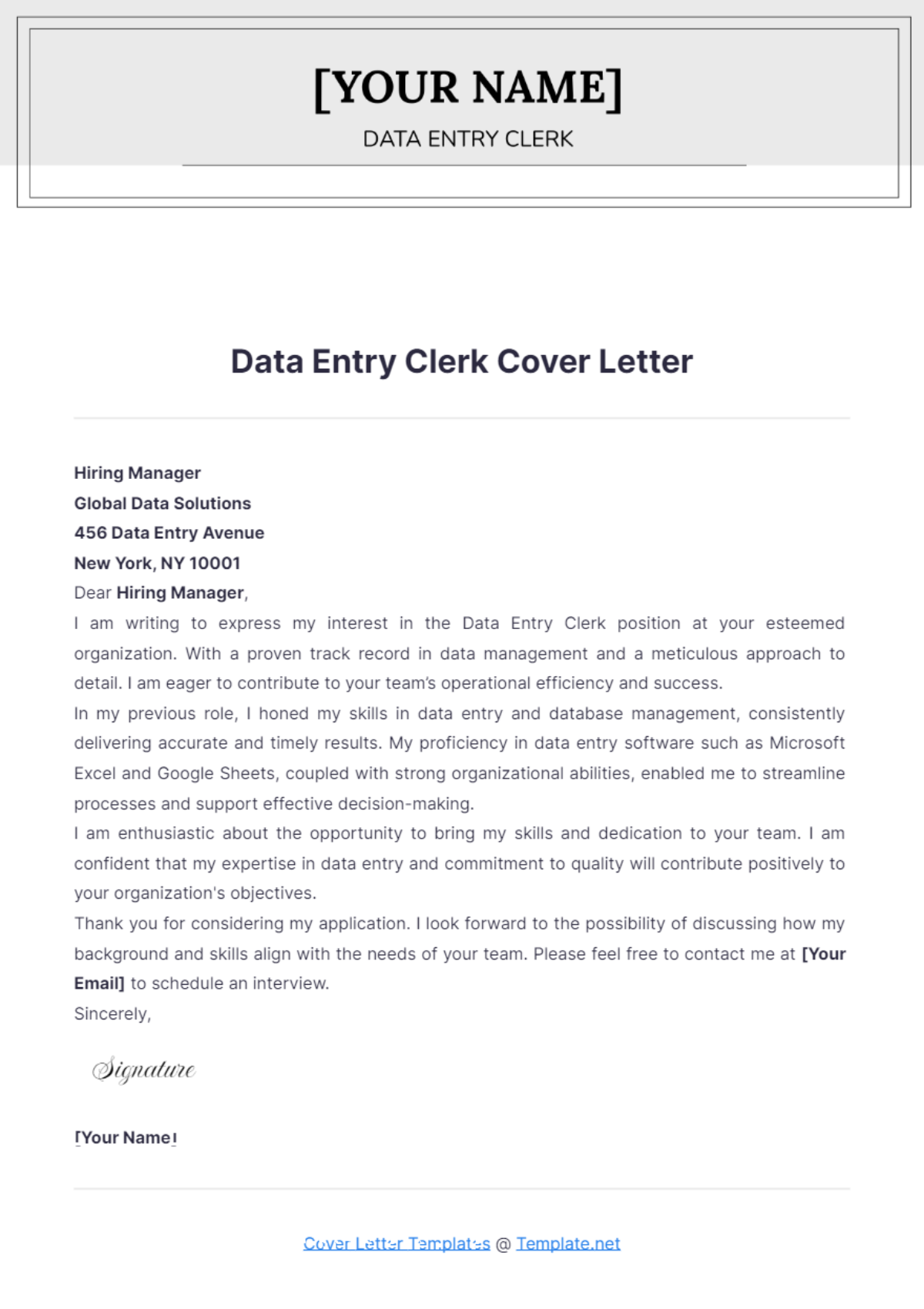 Data Entry Clerk Cover Letter - Edit Online & Download