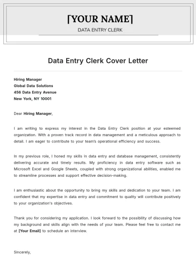 Free Data Entry Clerk Cover Letter to Edit Online