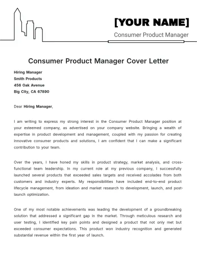Free Consumer Product Manager Cover Letter to Edit Online