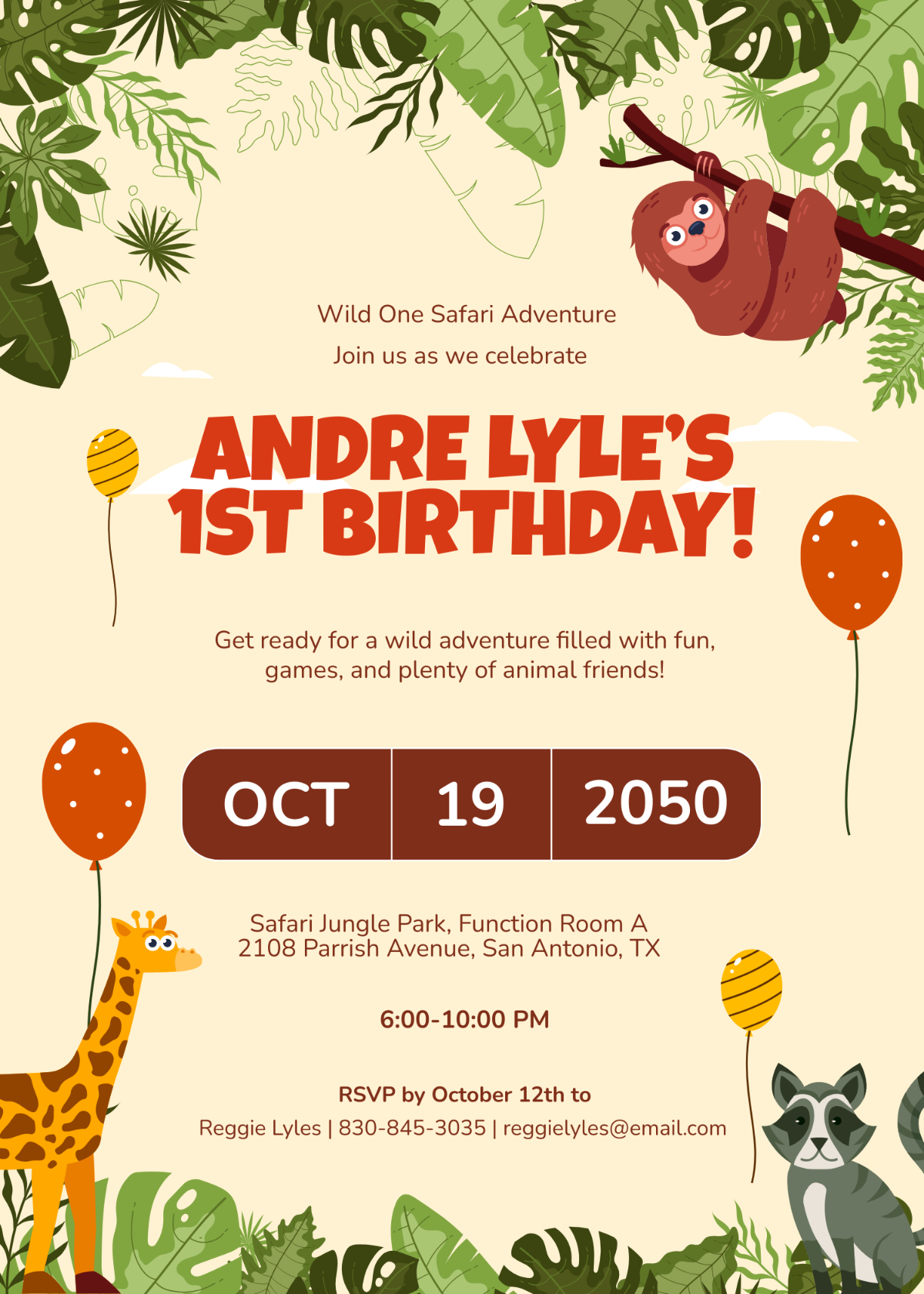 Safari Theme 1st Birthday Invitation