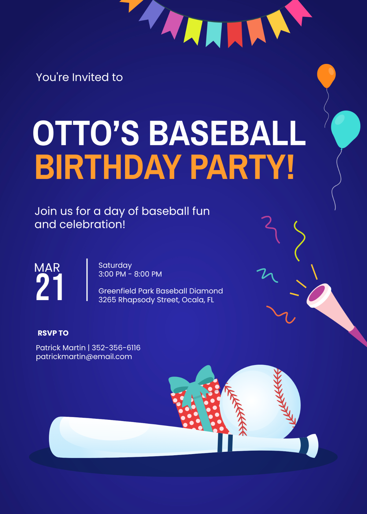Mens Baseball Birthday Party Invitation