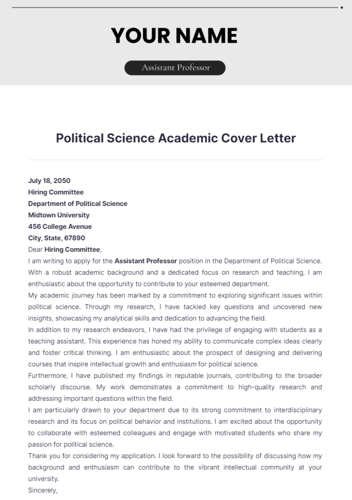 Political Science Academic Cover Letter