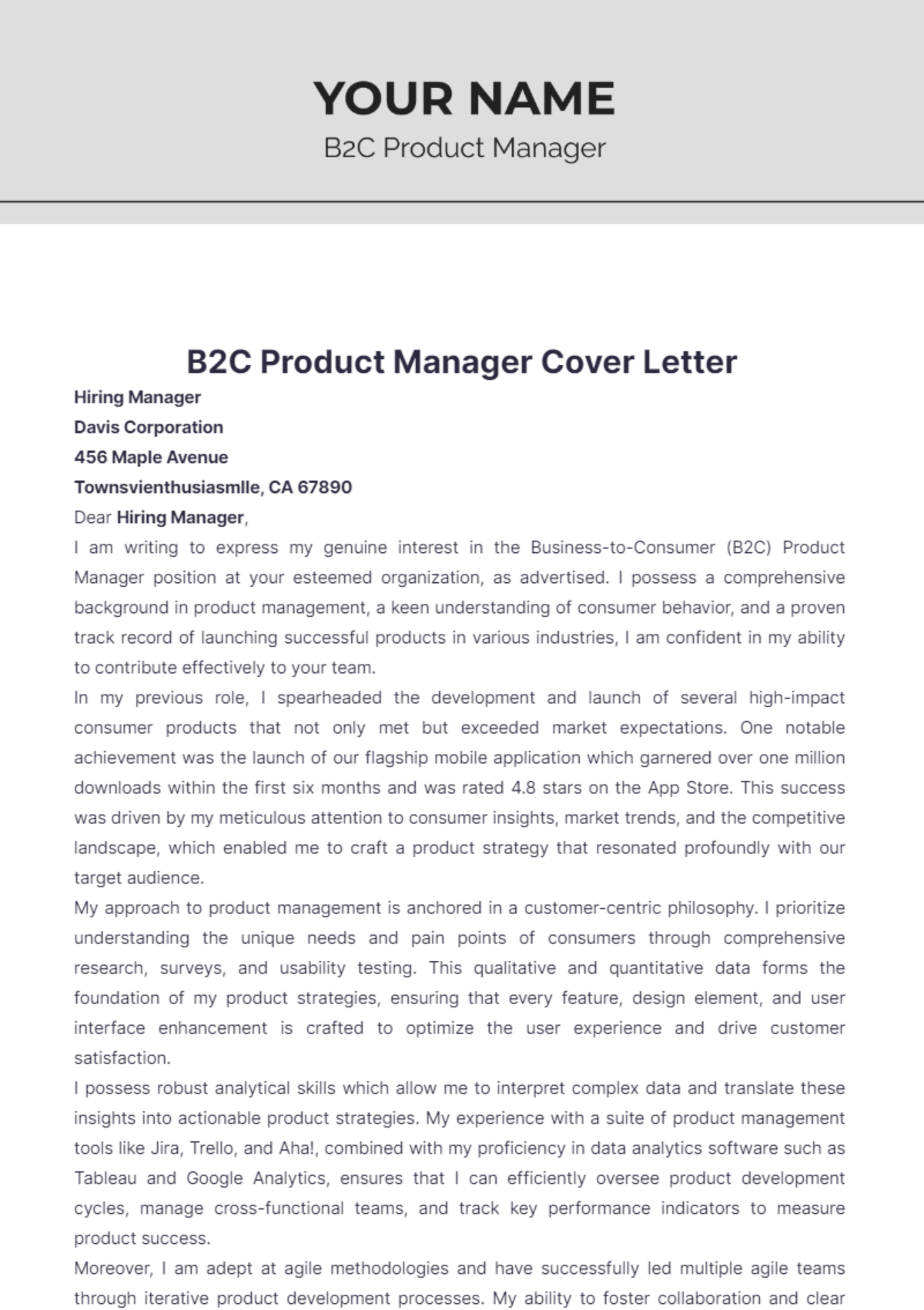 B2C Product Manager Cover Letter - Edit Online & Download