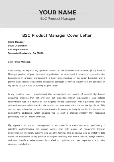 Free B2C Product Manager Cover Letter to Edit Online