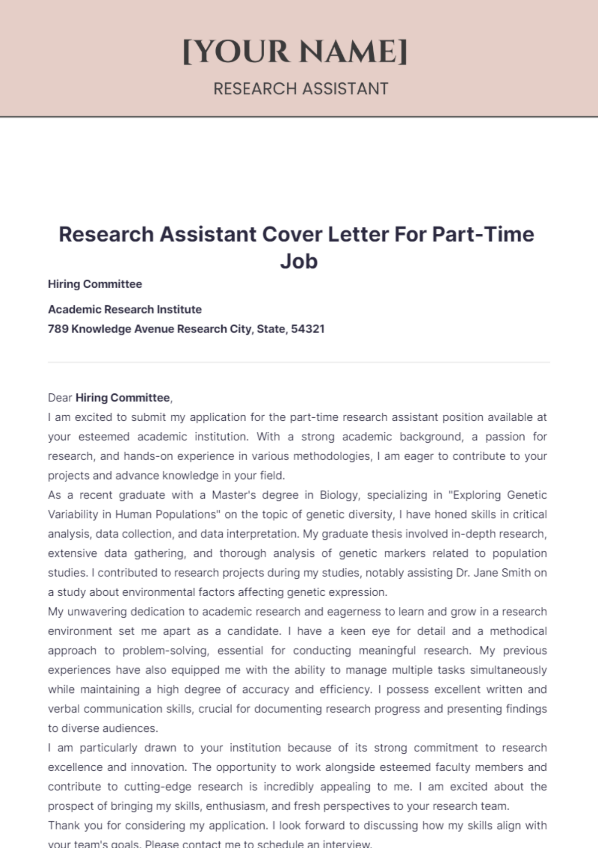 Research Assistant Cover Letter For Part Time Job