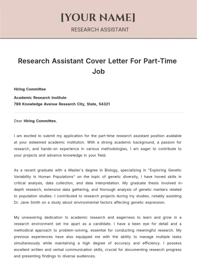 Free Research Assistant Cover Letter For Part Time Job to Edit Online