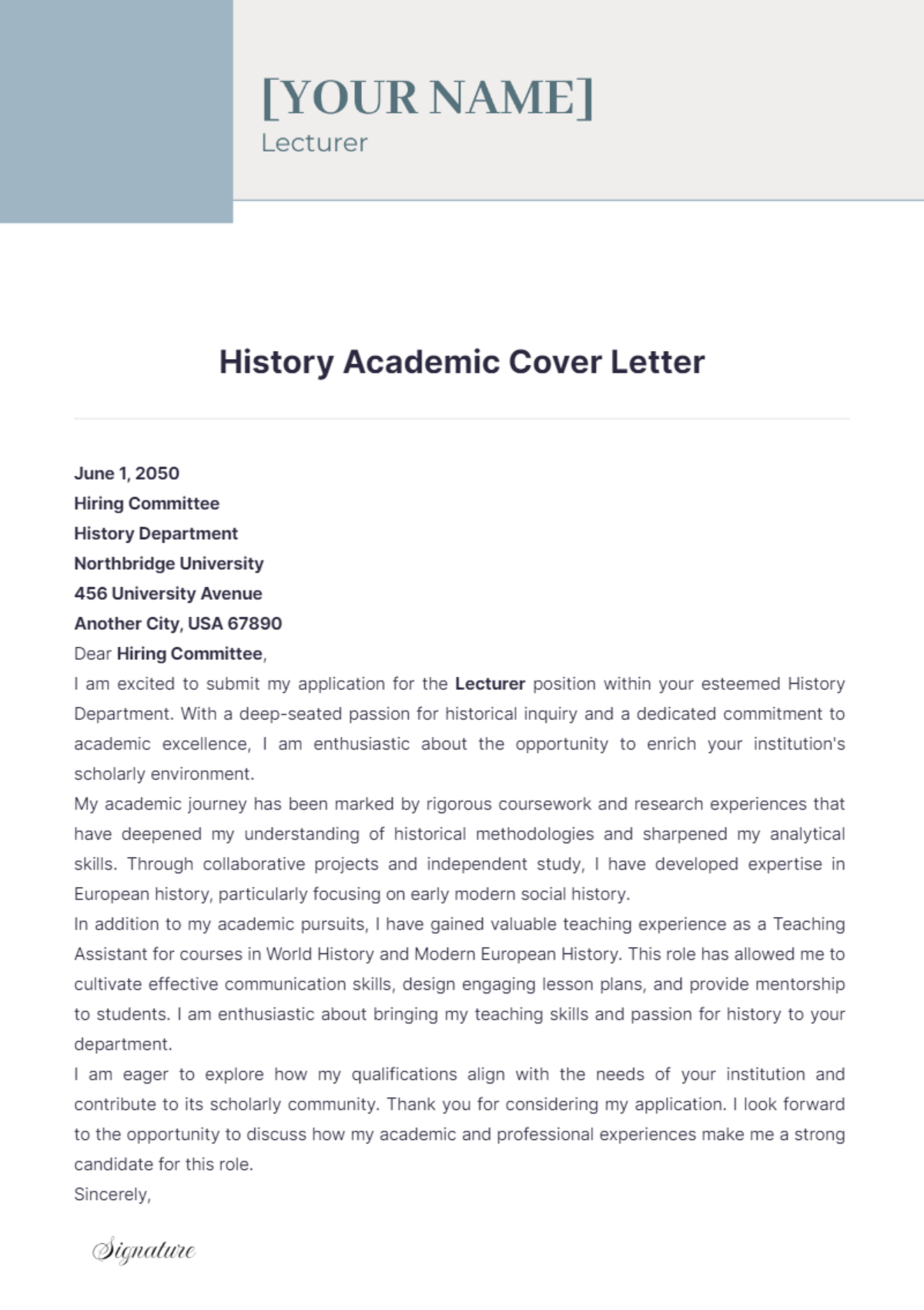 History Academic Cover Letter