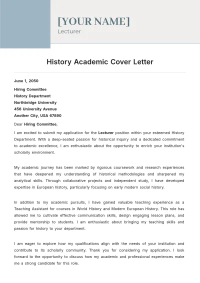 Free History Academic Cover Letter to Edit Online