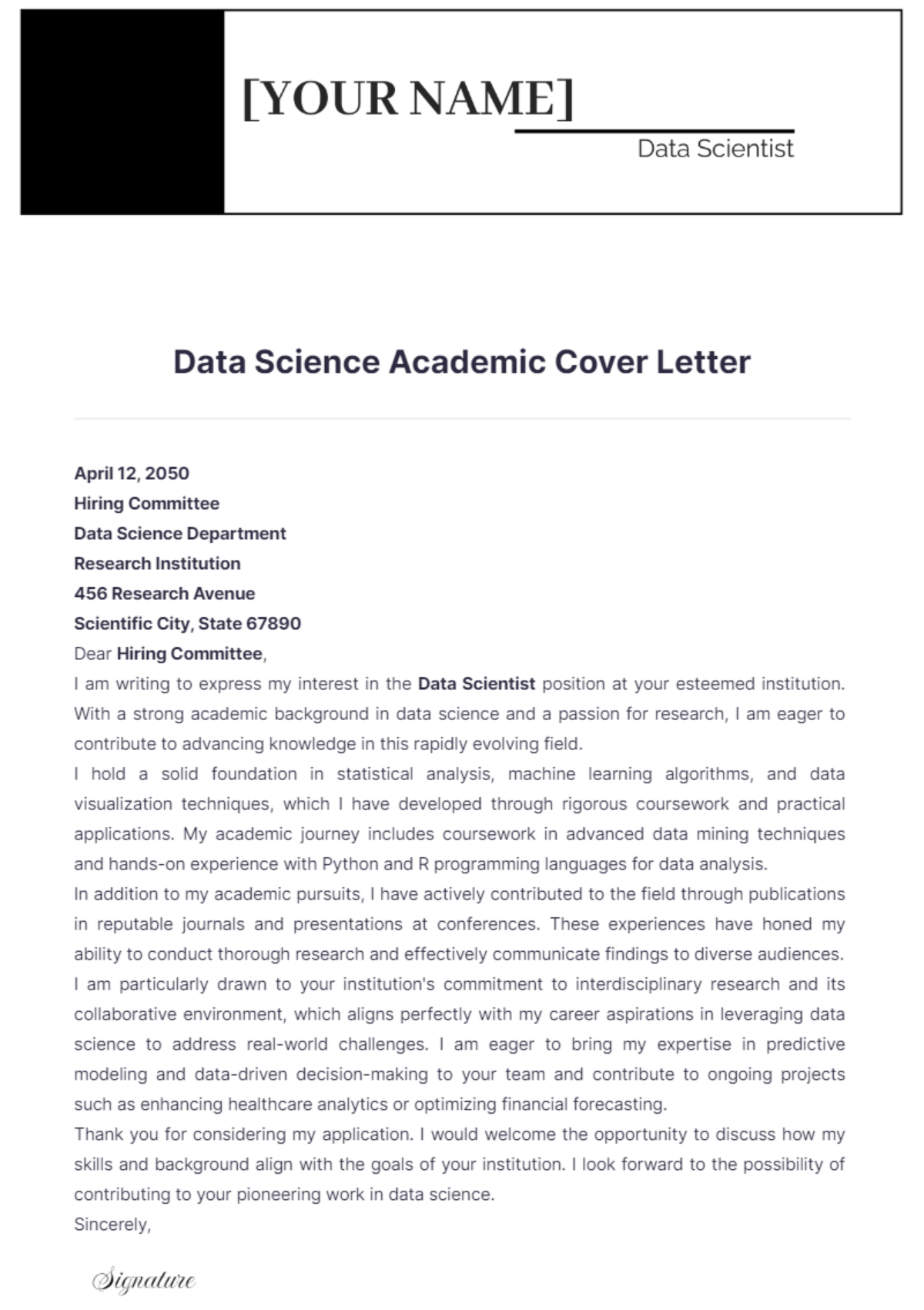 Data Science Academic Cover Letter