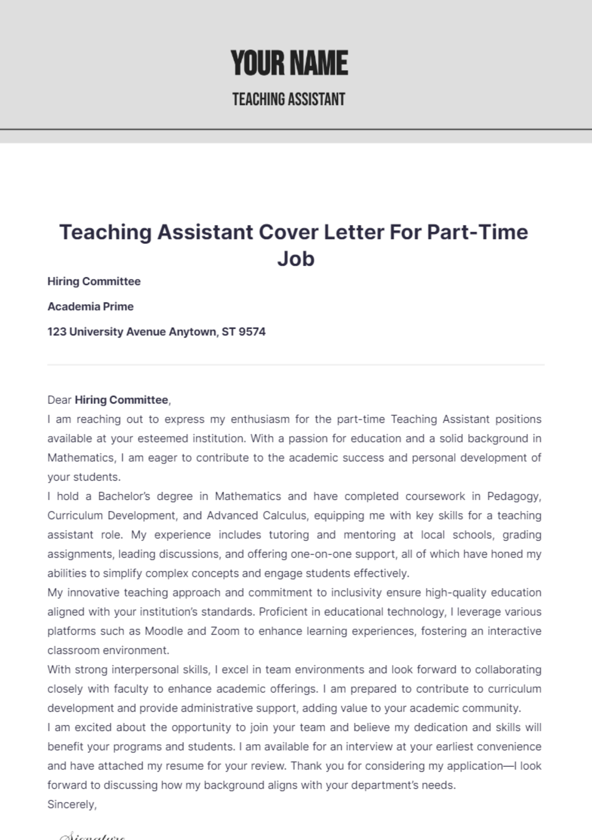 Teaching Assistant Cover Letter For Part Time Job - Edit Online & Download