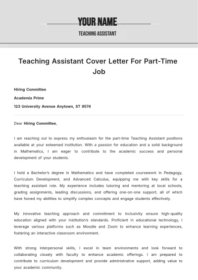 Free Teaching Assistant Cover Letter For Part-Time Job to Edit Online