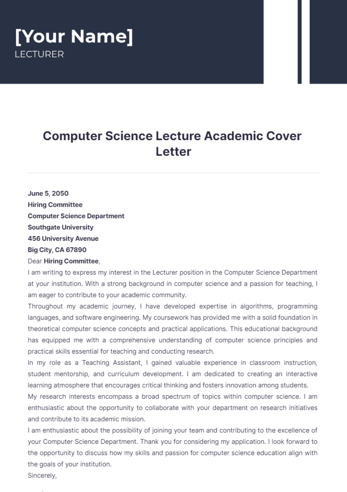 Computer Science Lecture Academic Cover Letter