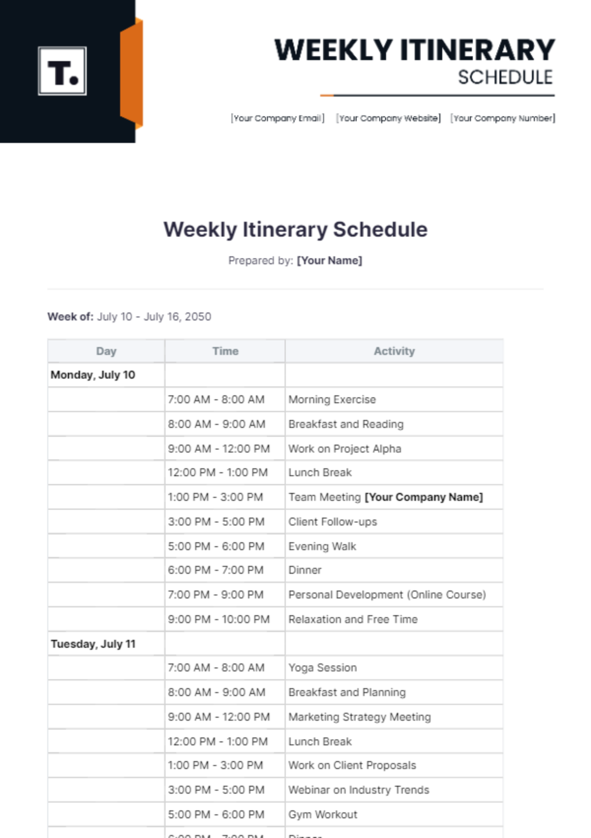 Weekly Itinerary Schedule Template - Edit Online & Download