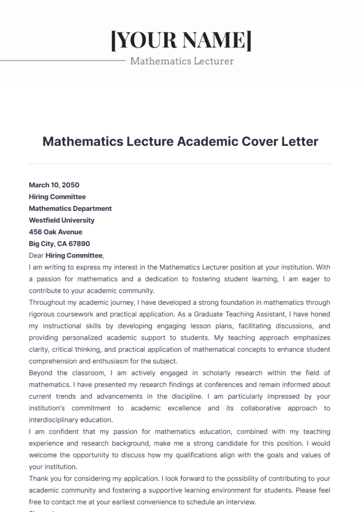 Mathematics Lecture Academic Cover Letter