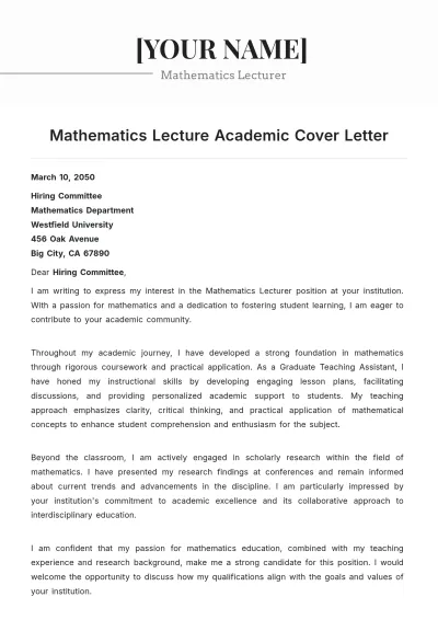 Free Mathematics Lecture Academic Cover Letter to Edit Online