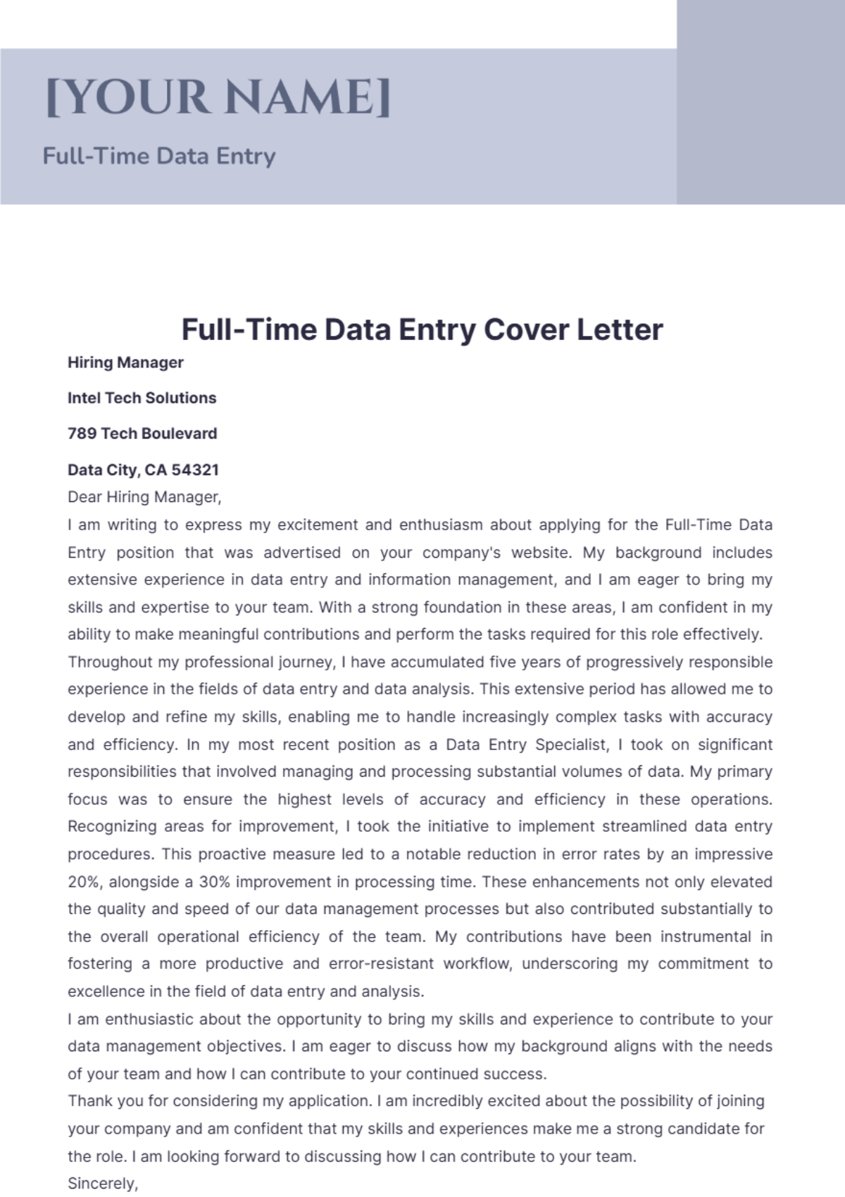 Full-Time Data Entry Cover Letter