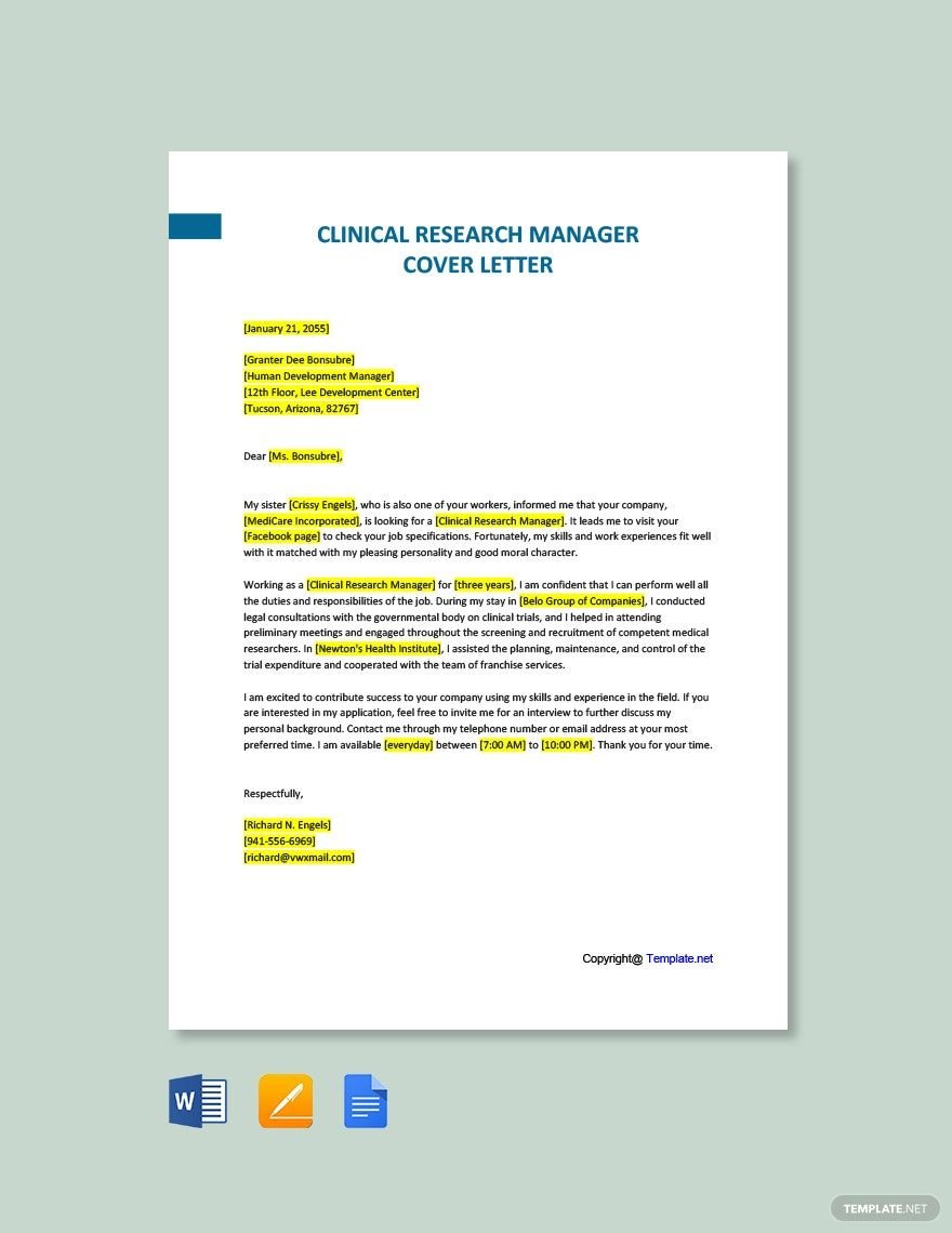 Clinical Research Manager Cover Letter Template
