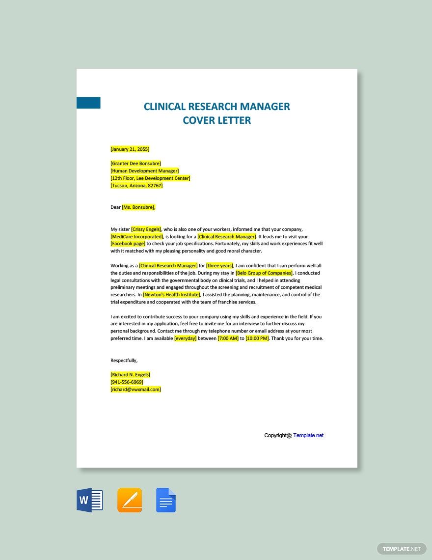 Clinical Research Manager Cover Letter Template in Word, Google Docs, Pages, PDF - Download | Template.net