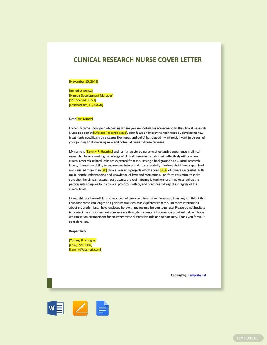 Free Clinical Research Nurse Cover Letter Template