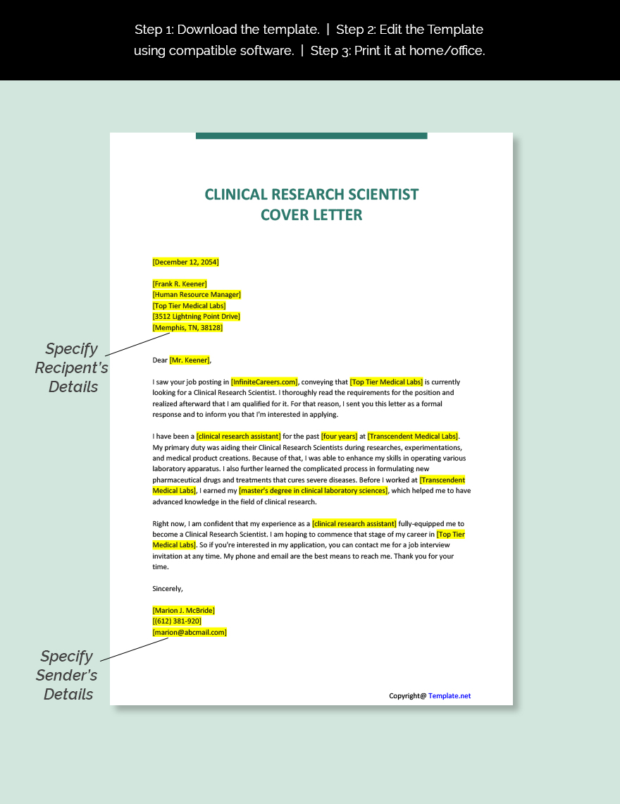 Clinical Research Scientist Cover Letter Template