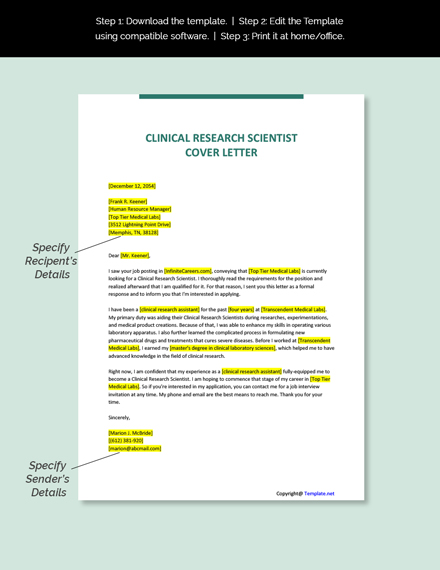 Clinical Research Scientist Cover Letter Template - Google Docs, Word ...