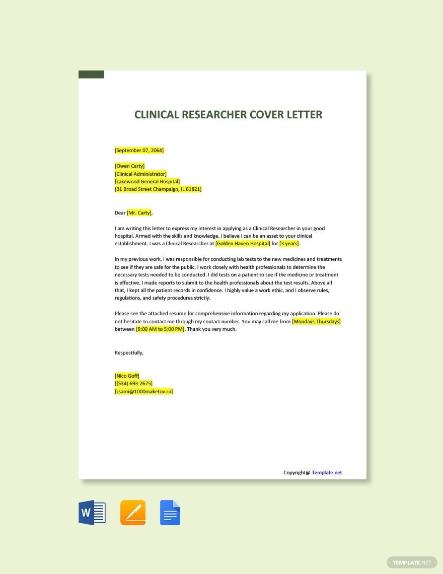 Clinical Researcher Cover Letter Template in Word, Google Docs, PDF, Apple Pages