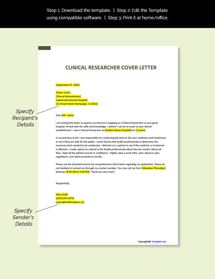 Clinical Researcher Cover Letter Template [Free PDF] - Word (DOC