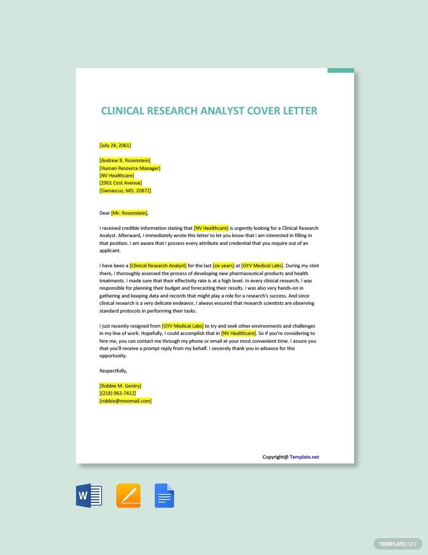 Clinical Research Analyst Cover Letter Template