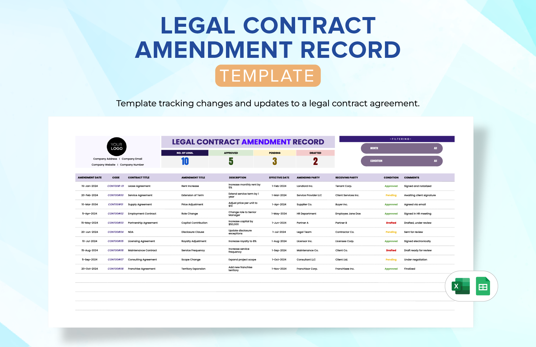 Legal Contract Amendment Record Template in Excel, Google Sheets