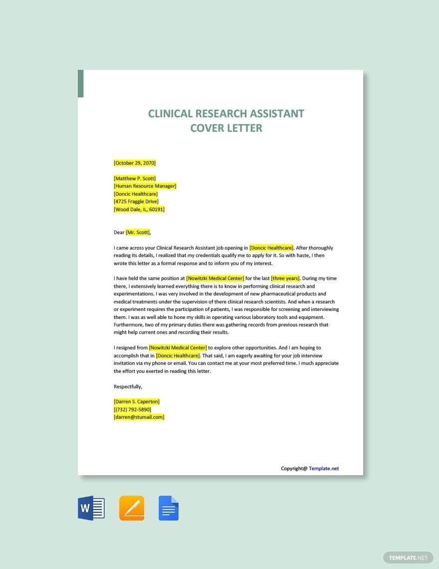 Clinical Research Assistant Cover Letter Template