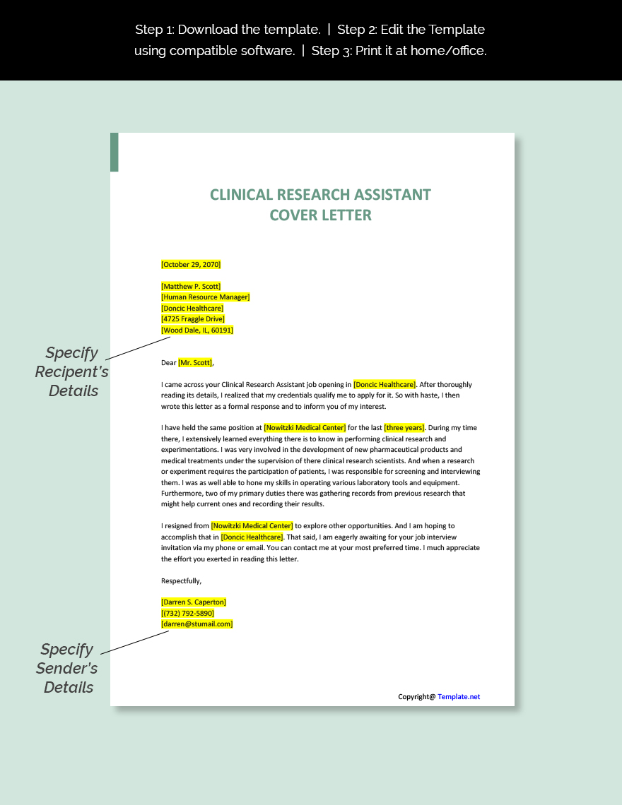 Clinical Research Assistant Cover Letter Template