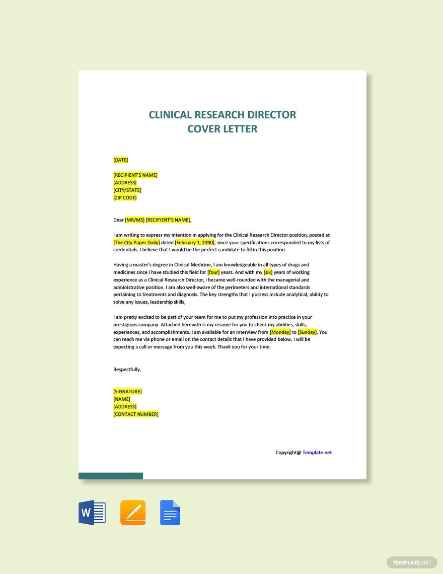 Clinical Research Director Cover Letter Template in Word, Google Docs, PDF, Apple Pages