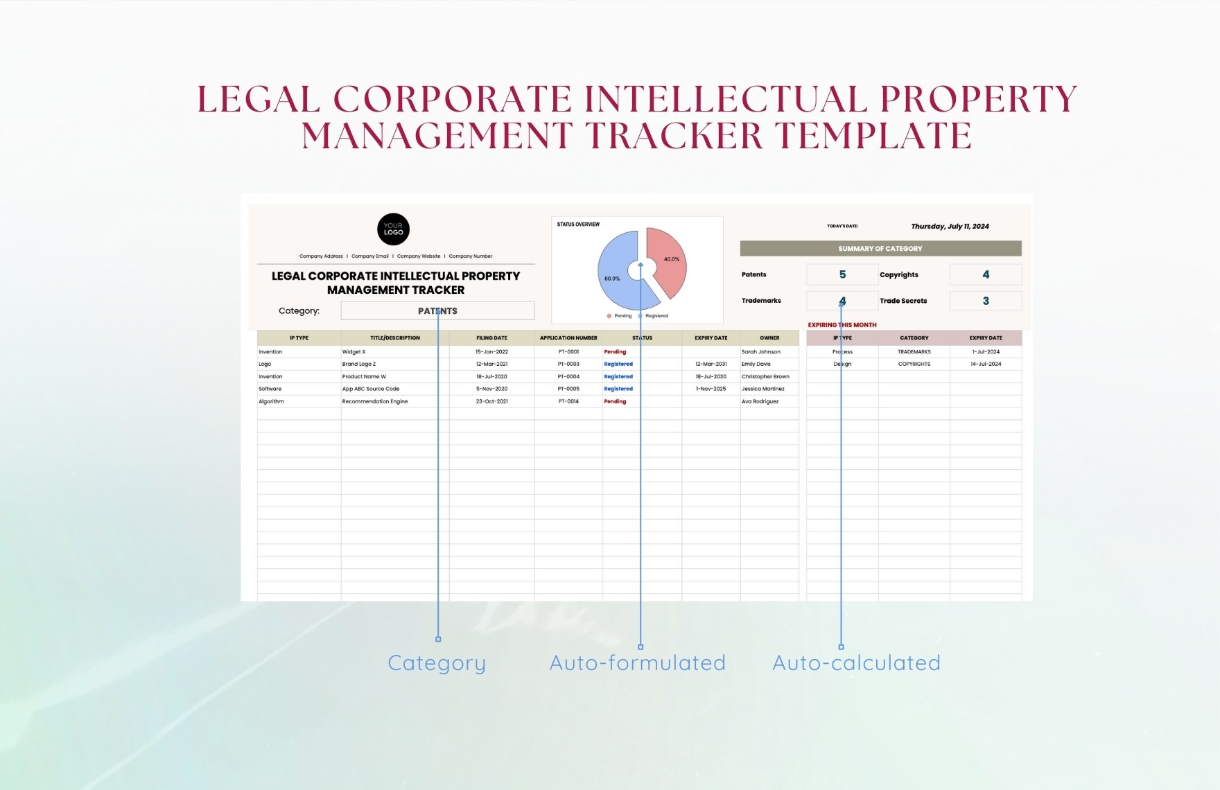 Legal Corporate Intellectual Property Management Tracker Template