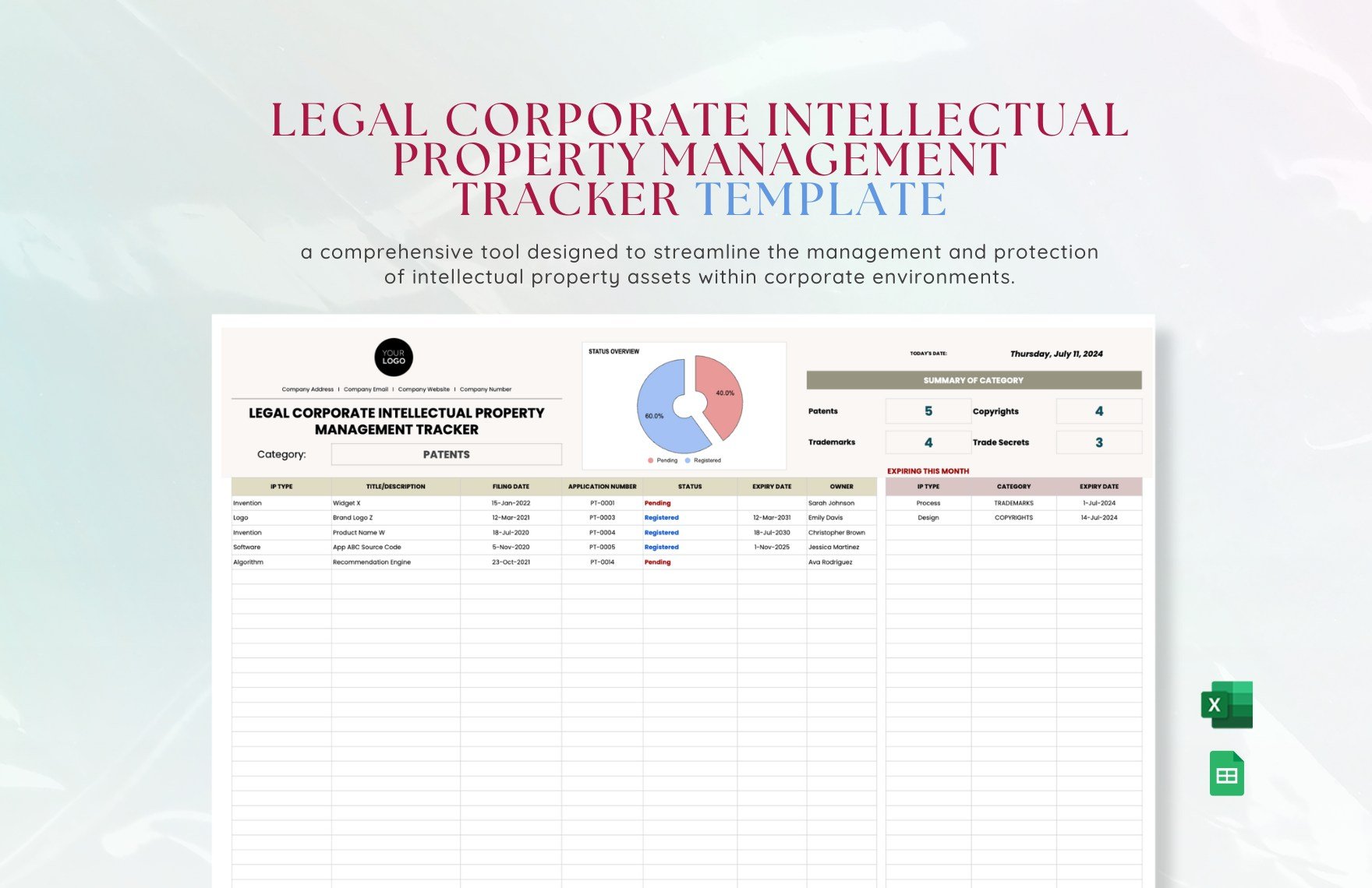 Legal Corporate Intellectual Property Management Tracker Template in Excel, Google Sheets
