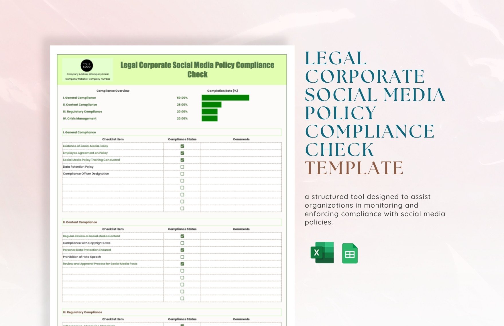 Legal Corporate Social Media Policy Compliance Check Template in Excel, Google Sheets