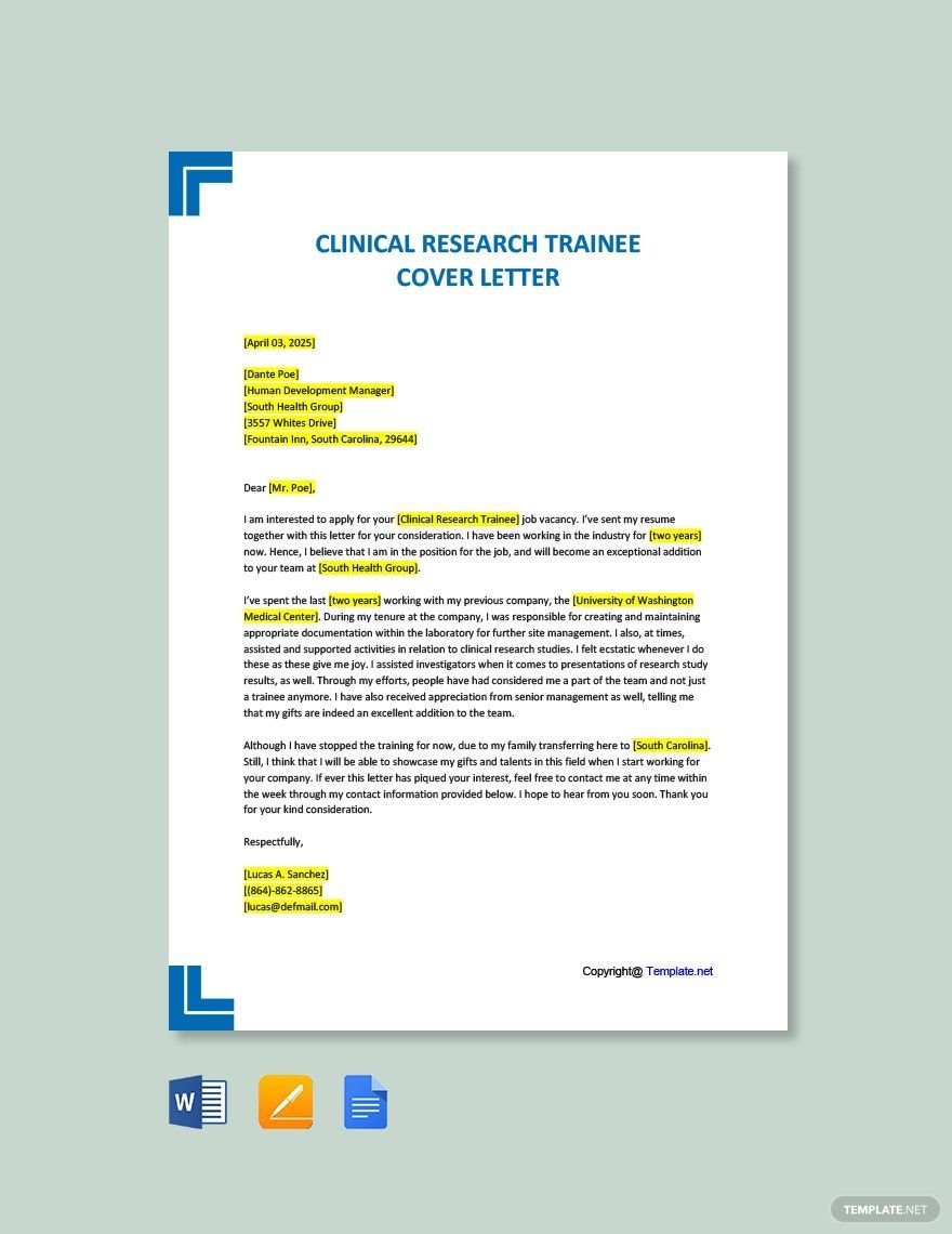 Clinical Research Trainee Cover Letter