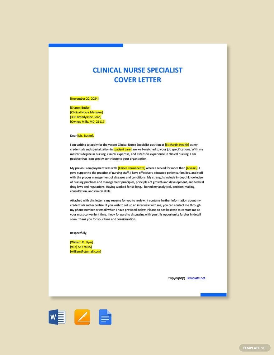 Free Clinical Nurse Specialist Cover Letter Template