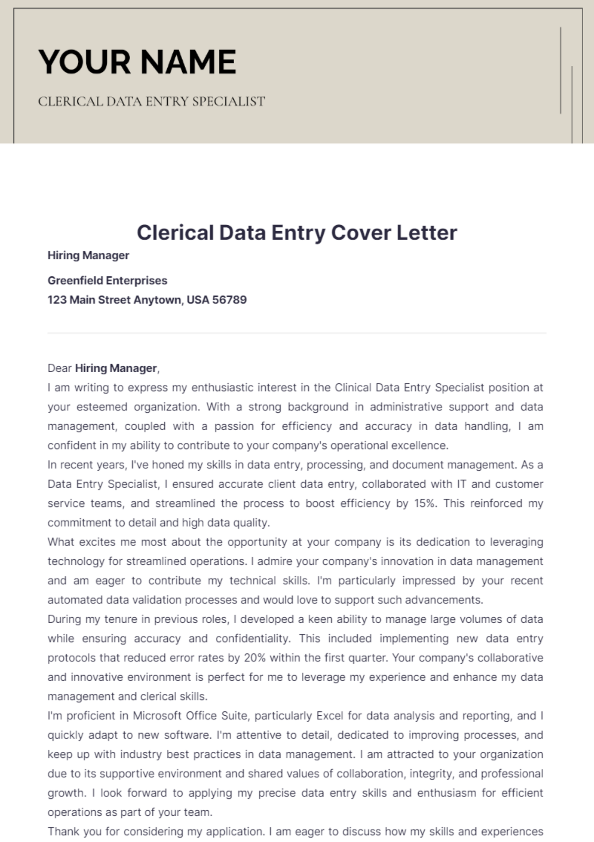 Clerical Data Entry Cover Letter