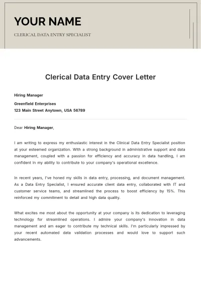 Free Clerical Data Entry Cover Letter to Edit Online