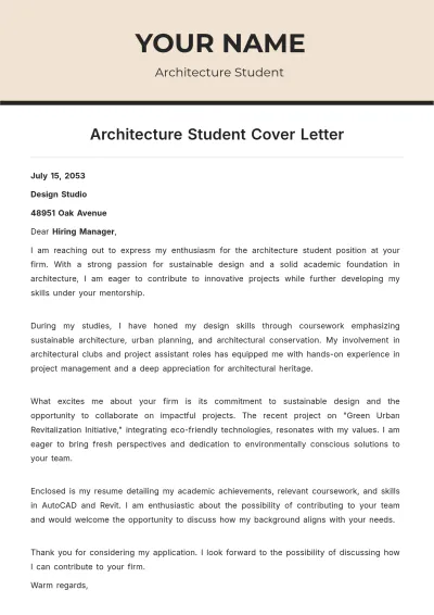 Free Architecture Student Cover Letter to Edit Online