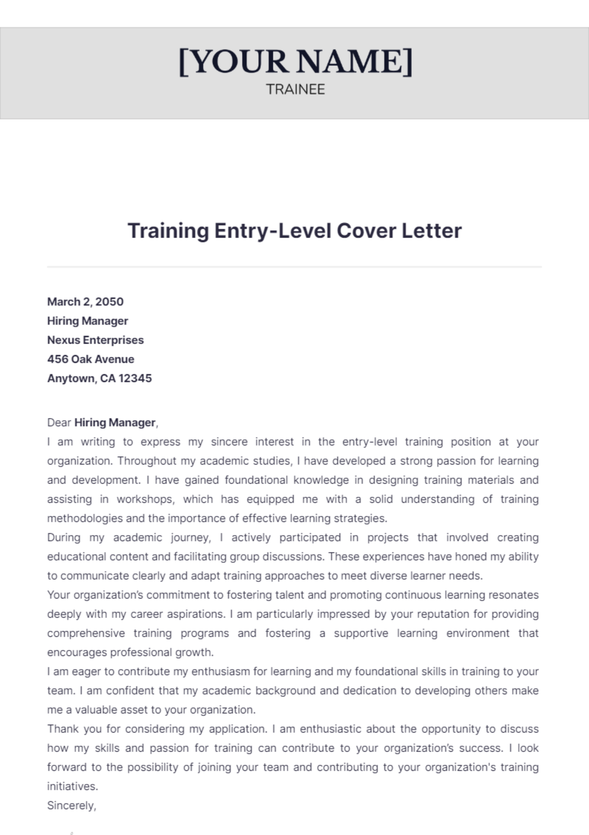 Training Entry Level Cover Letter - Edit Online & Download